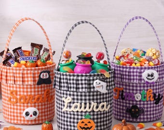 Halloween Basket Ruffle Personalized, Plaid Trick or Treat Bag with Custom Name, Halloween Candy Bucket for Kids, Halloween Basket Gift