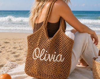 Bolso de playa de algodón tejido a crochet personalizado, bolso de viaje de verano personalizado para damas de honor