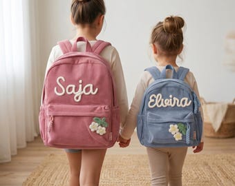 Mochila infantil personalizada con nombre, mochila escolar de pana personalizada para niños, mochila preescolar hecha a mano, regalo para guardería para niños y niñas.