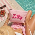 Custom Preppy Seersucker Makeup Bag, Custom Bridesmade Gifts, Embroidered Chenille Script Name Beach Pouch, Graduation Gifts