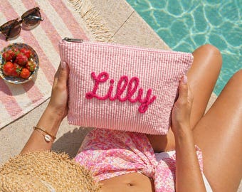 Custom Preppy Seersucker Makeup Bag, Custom Bridesmade Gifts, Embroidered Chenille Script Name Beach Pouch, Graduation Gifts