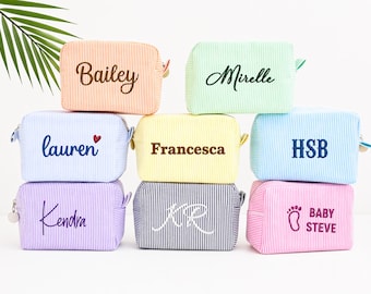 Monogrammed Seersucker Toiletry Bag, Custom Personalized Initial Bridesmaid Makeup Bag, Graduation Party Gift