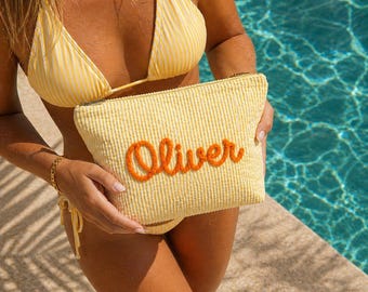 Neceser de seersucker personalizado, neceser de maquillaje con monograma bordado, neceser de viaje personalizado, regalo para damas de honor.
