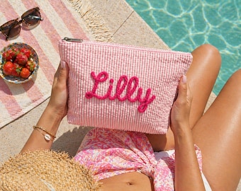 Custom Seersucker Makeup Bag Vacation Travel Pouch Personalized Chenille Name Toiletry Bag Cosmetic Gift for Her Summer Beach Bag Organizer