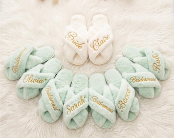 Pluche slippers, slippers voor bruidsmeisjes, gepersonaliseerde cadeauset voor vrijgezellenfeest, cadeau-idee voor het aanzoeken van je bruidsmeisje