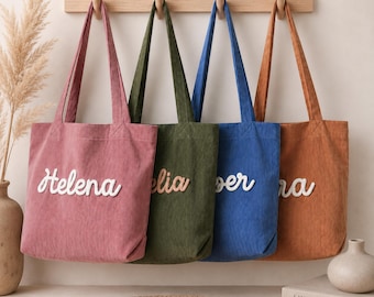Bolso de mano de chenilla personalizado con nombre, bolso de trabajo de pana personalizado con cremallera, bolso de regalo para damas de honor.