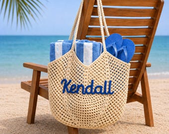 Bolso de playa de algodón tejido a crochet personalizado, bolso de viaje de verano personalizado para damas de honor