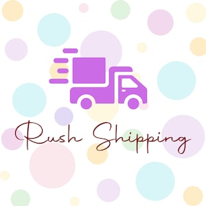 May include: A purple delivery truck icon with a box in the back, and three lines indicating speed. The words "Rush Shipping" are written in a cursive font below the truck. The background is white with pastel-colored circles.