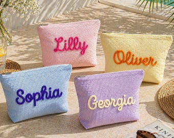 Neceser personalizado de tela seersucker, estuche con monograma bordado, accesorio de viaje.