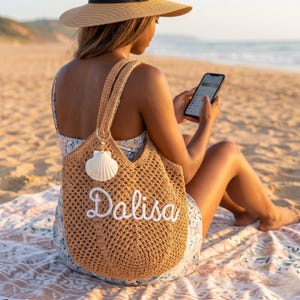 Gepersonaliseerde gehaakte katoenen stranddraagtas, aangepaste draagtas bruidsmeisje, zomerreistas, monogram strandtas, vakantiecadeau voor haar