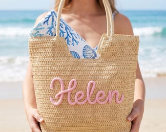 Bolso de playa de paja personalizado – Bolso de mano con nombre personalizado, bolso de verano hecho a mano, elige el color del bolso y del hilo.