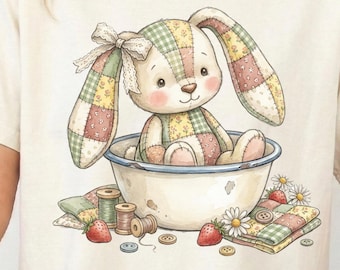 Patchwork vintage lapin PNG, Clipart lapin matelassé, couture lapin Design, mignon printemps Pâques PNG, sublimation PNG téléchargement, tendance Png