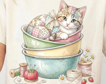 Patchwork vintage chaton Png, patchwork chat PNG, couture chat chemise conception, patchwork kitty clipart, tendance Png, sublimation téléchargement PNG