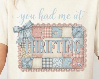 You had me at Thrifting PNG, bleu Patchwork Coquette Bow, conception de chemise d'amant de magasin d'occasions, achats vintage PNG, téléchargement numérique de Png à la mode