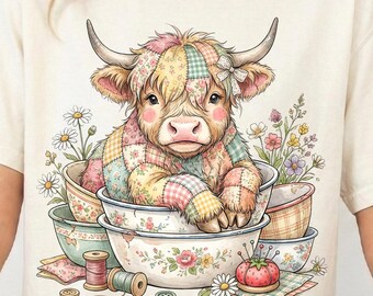 Vache Highland vintage en patchwork PNG, Clipart vache à courtepointe, conception de vache à coudre, vache florale de ferme PNG, téléchargement PNG par sublimation, tendance PNG