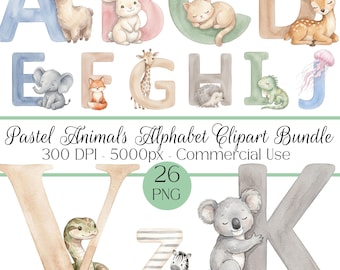 Bundle de cliparts animaux alphabet aquarelle pastel - 26 PNG en téléchargement numérique à usage commercial