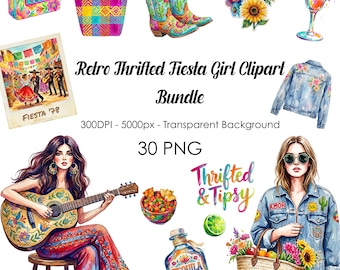 Bundle de cliparts Fiesta PNG, Clipart Fiesta Girl rétro d'occasion, thème mexicain Illustration numérique botte de cow-boy Margarita verre Party Decor