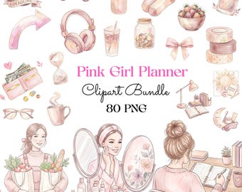 Bundle de cliparts agenda rose, icônes aquarelle mode de vie féminin, clipart esthétique fille rose, aquarelle agenda graphique 80 PNG