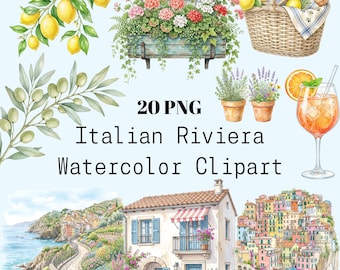 Italian Riviera Cinque Terre Watercolor Clipart Bundle | 20 PNG | Commercial Use