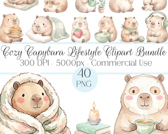 Bundle de cliparts style de vie confortable Capybara, conception numérique mignon Capybara, mignon Capybara PNG, usage commercial des cliparts en téléchargement numérique