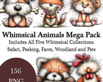 Whimsical Animal Clipart Mega Bundle, Cute Watercolor Animals PNG, Woodland Farm Safari Pets, Instant Download, Commercial Use, Trendy Png