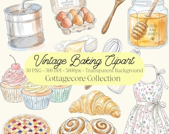 Bundle de cliparts vintage cuisine, Cottagecore cuisine PNG, Illustrations aquarelle de pâtisserie, 30 PNG 300 DPI fond transparent