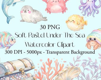 Bundle de cliparts aquarelle sous la mer, animaux de l'océan PNG, créatures marines de chambre d'enfant pastel pastel, 30 PNG Transparents, 300 DPI