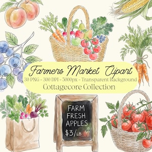 May include: Watercolor illustration of a farmers market theme. Features baskets of produce, including tomatoes, apples, carrots, and blueberries. Includes a sign that reads "Farm Fresh Apples". The text "Farmers Market Clipart" is also present.