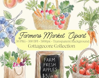 Bundle de cliparts Farmers Market, aquarelle de fruits et légumes PNG, 30 PNG à télécharger
