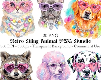 Bundle PNG animal rétro Bling, coeur lunettes de soleil animaux de compagnie Clipart, 20 PNG, 300 DPI, fond Transparent, usage commercial