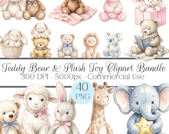 Bundle de cliparts aquarelle ours en peluche et jouets en peluche, téléchargement numérique d'art pour chambre d'enfant, clipart babyshower ours en peluche, graphismes de peluche