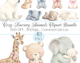 Bundle de clipart animaux confortable, aquarelle 40 PNG, bébés animaux Png Bundle, clipart bébé neutre, usage Commercial