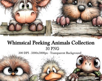 Bundle de cliparts animaux furtifs lunatiques, 30 PNG, fond Transparent, mignons animaux de la ferme des bois, 300 DPI