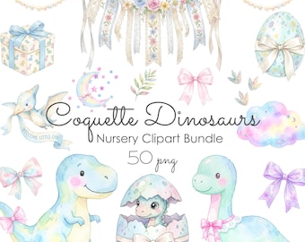 Bundle de cliparts dinosaure coquette, PNG pastel pour chambre de bébé, baby shower dinosaure & graphiques pour chambre d'enfants, clipart T-Rex, dinosaures mignons (50 PNG)
