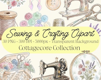 Naaien en knutselen aquarel clipartbundel, vintage naaimachine png, bloemen naaigraphics, Cottagecore esthetiek 30 commercieel gebruik, png