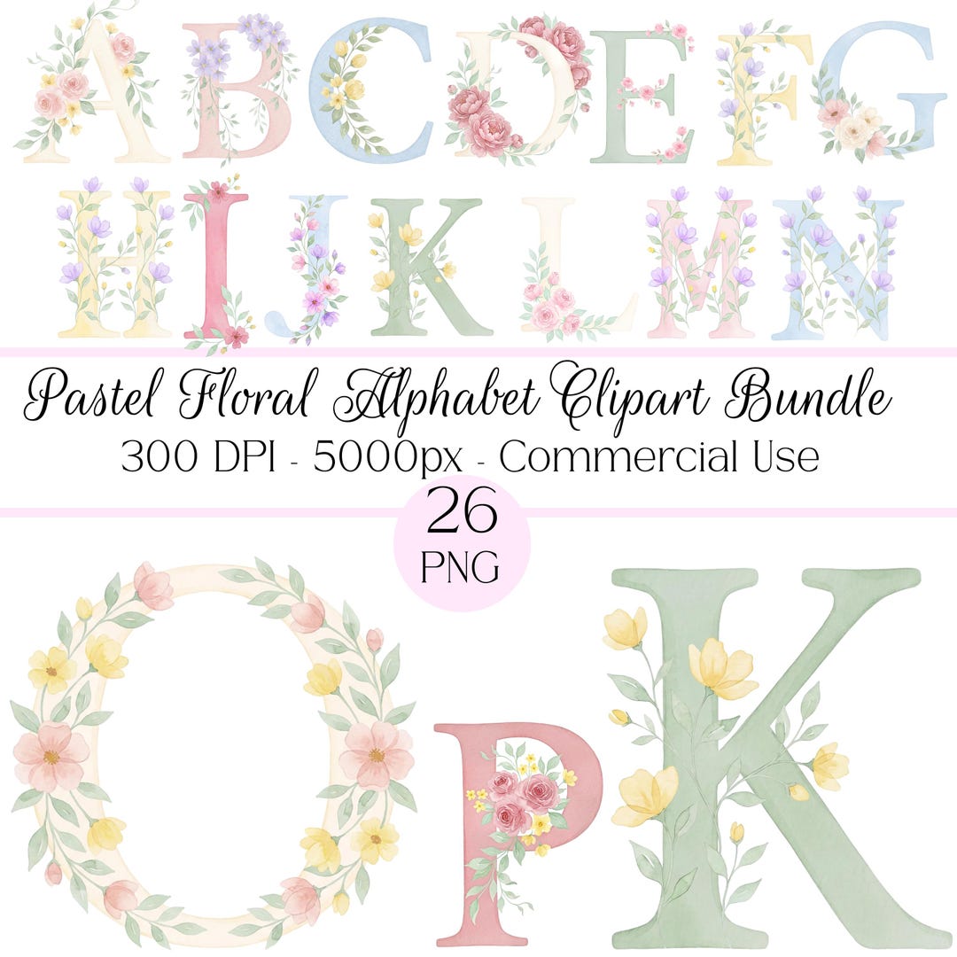 Pastel Floral Alphabet Clipart Bundle, 26 PNG Watercolor Letters, Boho ...