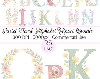 Bundle de cliparts alphabet floral pastel, 26 lettres PNG aquarelles, alphabet fleurs bohèmes, conception de l'alphabet fleurs de A à Z, usage Commercial