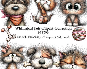 Whimsical Pets Watercolor Clipart Bundle | 30 PNG | Commercial Use
