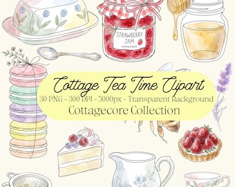 Bundle de cliparts l'heure du thé Cottagecore, aquarelle Tea Party PNG, bouilloire à thé Cottagecore Png, journal de scrapbooking, 30 PNG Transparent