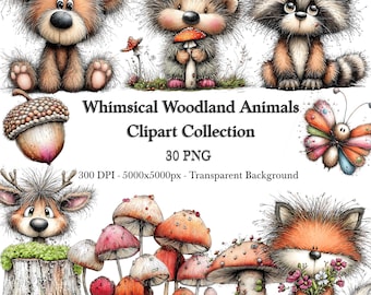 Whimsical Woodland Creatures Watercolor Clipart Bundle, Woodland Baby Shower Decorations, Whimsical Forest Animals, 30 Commercial Use PNG