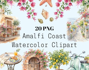 Bundle de cliparts aquarelle côte amalfitaine, 20 PNG, Illustrations de voyage sur le littoral italien, bougainvilliers en scooter citron, clipart méditerranéen