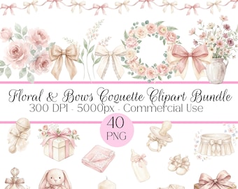 Bundle coquette rose de cliparts fleurs et noeuds, Clipart bébé fille rose Pastel doux, Clipart chambre d'enfant, Shower de bébé PNG, 40 PNG pour usage commercial