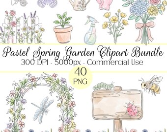 Bundle de cliparts pastel jardin printanier, aquarelle PNG 40, printemps jardinage des cliparts cottagecore, printemps temps des cliparts à usage Commercial