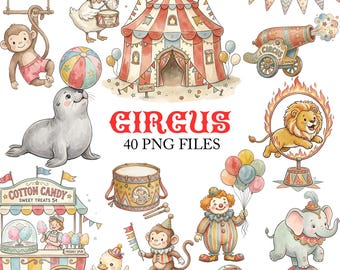 Nyckfull cirkus clipart-paket | Vintage cirkuskarneval clipart | Cirkus akvarell clipart | Cirkusdjur PNG | 40 kommersiella png