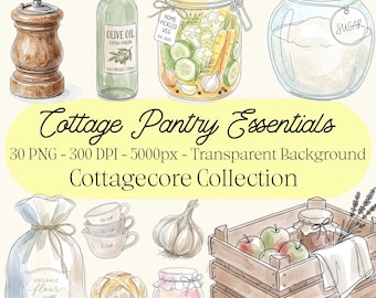 Cottage Pantry Essentials aquarel clipart bundel, Cottagecore keuken bijkeuken png, voorraad potten voorraad png, 30 commercieel gebruik png