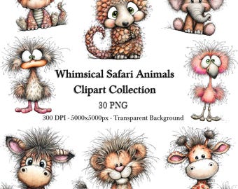 Bundle lunatique de clipart animaux de safari, mignon animal de la jungle PNG, clipart bébé safari, 30 PNG Transparents, 300 DPI, 5000 x 5000