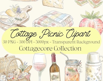 Cottage picknick aquarel clipartbundel, vintage picknick png, Cottagecore Aesthetic, 30 commercieel gebruik, png