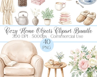 Bundle de clipart objets maison confortable aquarelle, ensemble de 40 cliparts maison PNG, Pngs décoration maison, objets de décoration intérieure esthétiques, usage Commercial