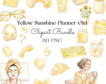 Bundle de cliparts planificateur aquarelle jaune, clipart fille Sunshine Planner, icônes esthétiques cosy, PNG 80, téléchargement numérique, autocollants de journalisation