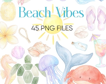 Beach Vibes Aquarell Clipart Bundle, Nautical Ocean Png, Sommer Clipart, kommerzielle Nutzung, digitaler Download